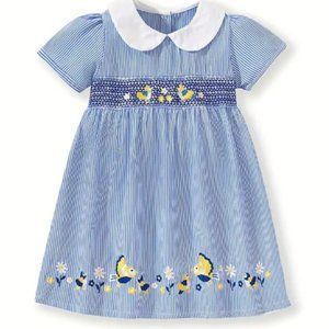 Embroidered Birds Girls Blue Smocked Short Sleeve Dress